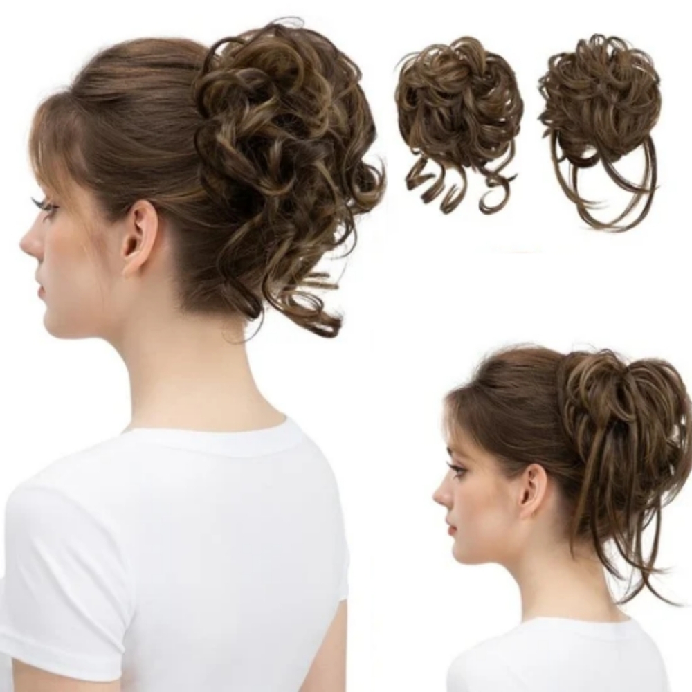 2PCS Brown Messy Bun Hair Pieces for Women Detachable Claw Clip‎ Wavy Curly